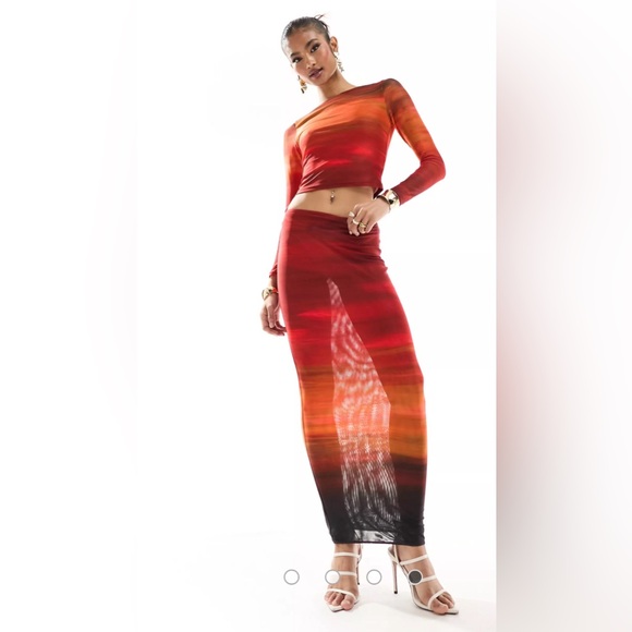 NWT Farai London Cleo mesh long sleeve top and midi skirt SET Red Ombre size XS - Picture 2 of 10